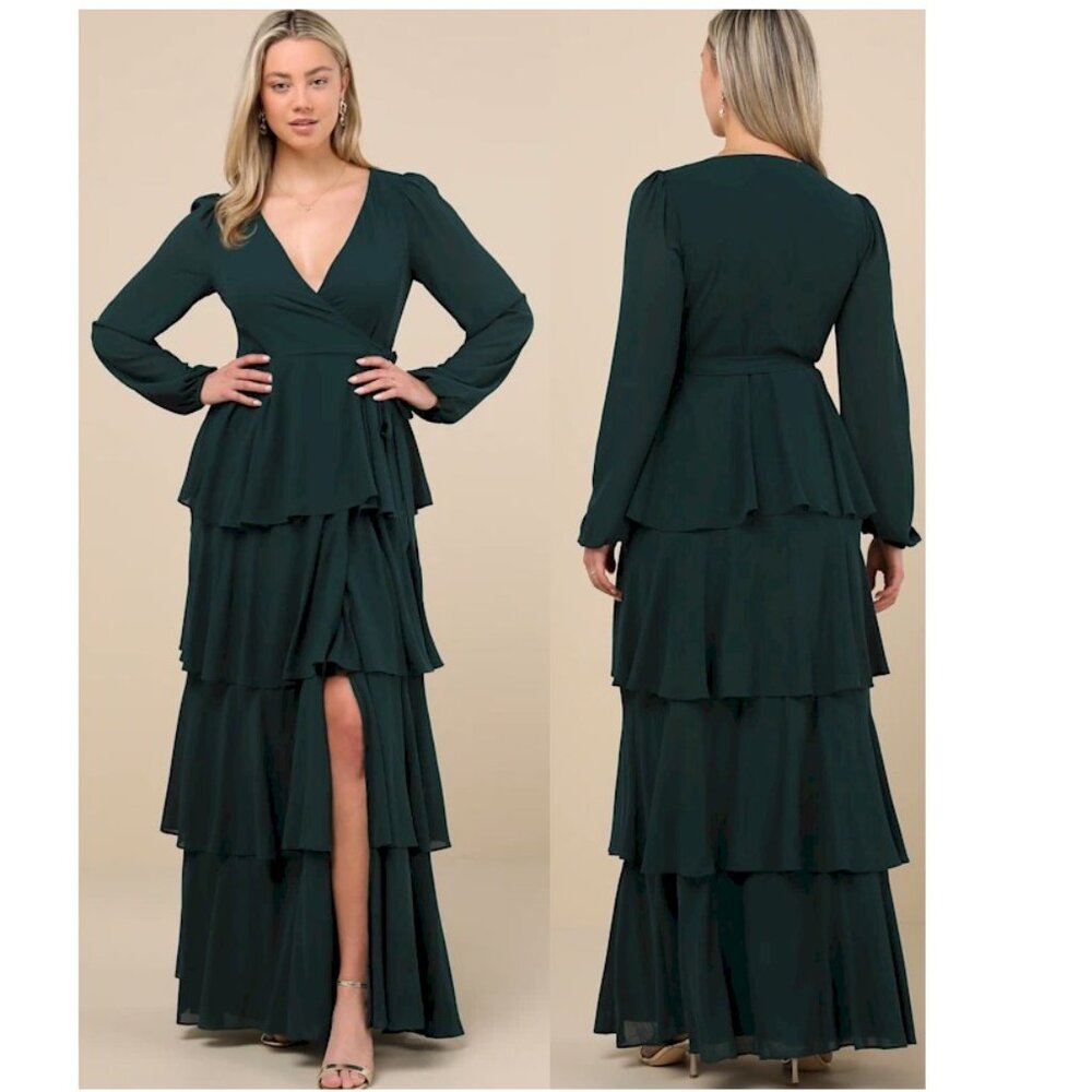 Lulus Marvelous Grace Emerald Long Sleeve Tiered Wrap Maxi Dress Size Small New